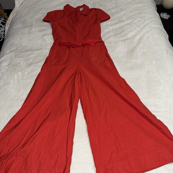 Maeve By Anthropologie Red Short-Sleeve Wrapped-Culotte Wide Leg Jumpsuit Sz 10 - Picture 1 of 9